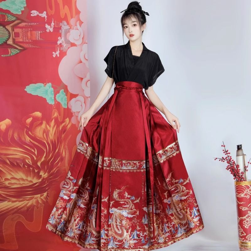  Autumn and Winter New Retro Improved Chinese Style Lace-Up Red Chinese New Year Daily Hanfu Han Element Horse Face Skirt