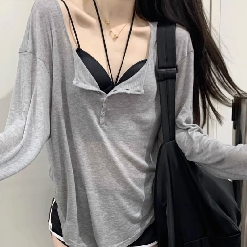 Gray sun protection shirt top for women autumn V-neck hot girl pure desire style mid-length bottoming shirt loose thin long-sleeved T-shirt