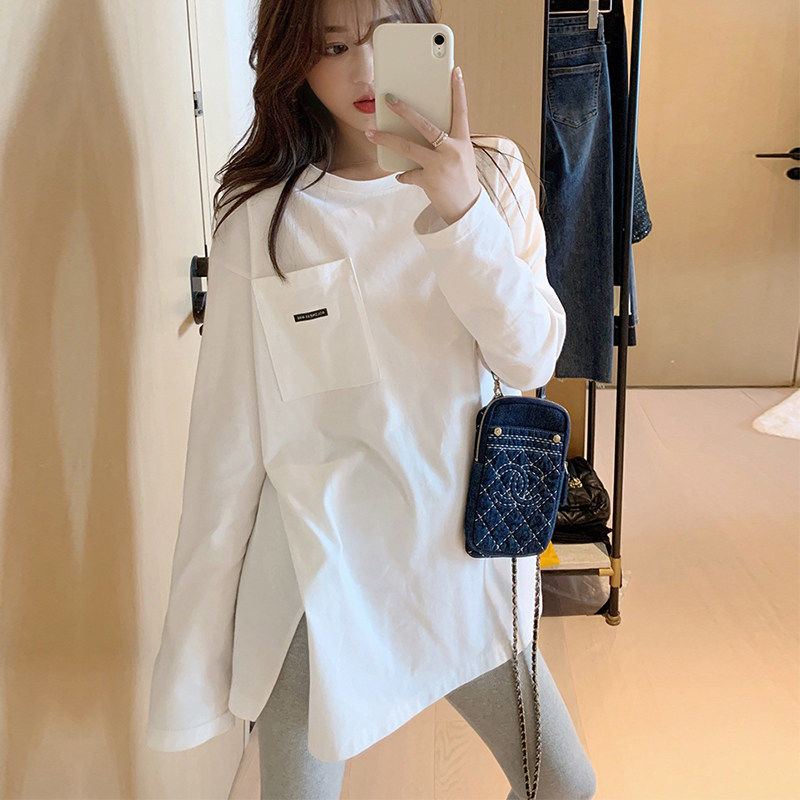 白色T恤女寬鬆百搭長袖上衣開衩內搭心機設計感口袋洋氣打底衫女