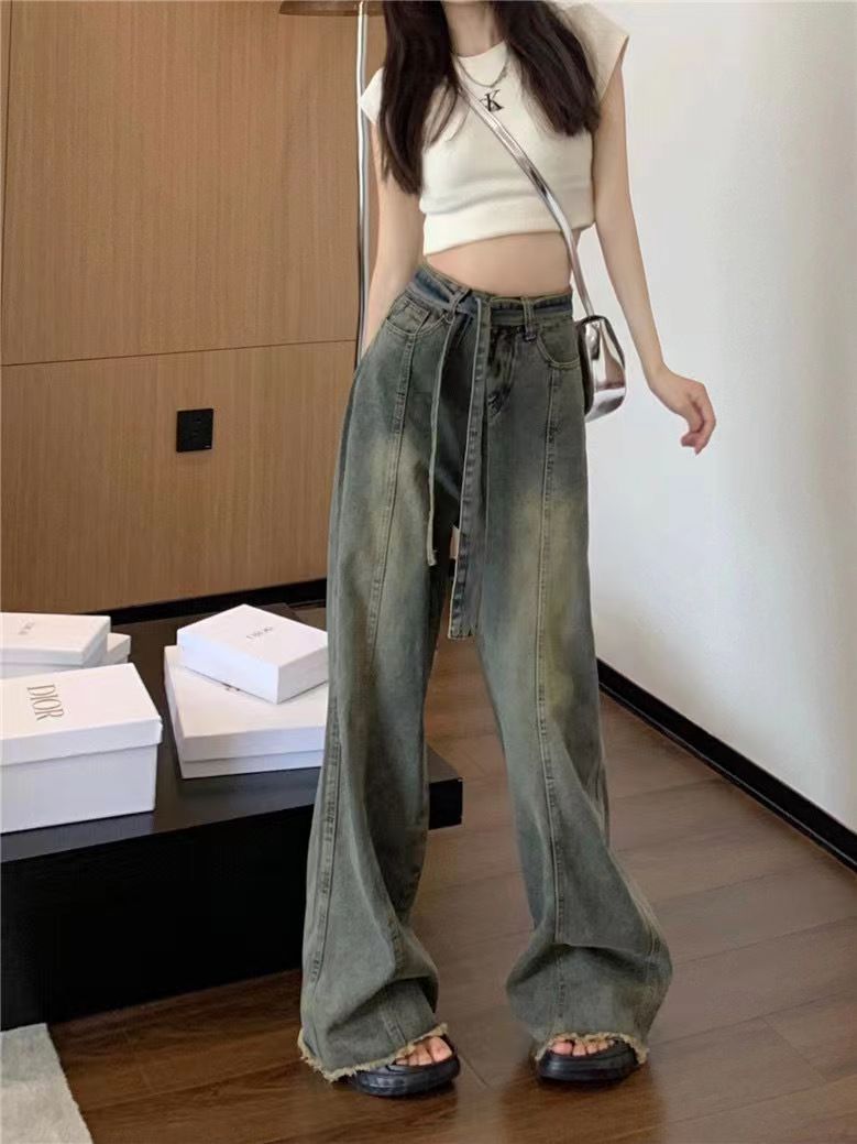 設計感毛邊直筒牛仔褲女秋冬新款復古高腰寬鬆顯瘦闊腿長褲潮ins