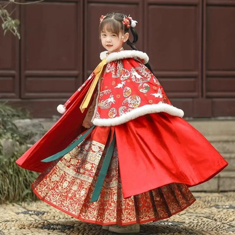 2023新款漢服女童秋冬古風馬面裙比甲明制套裝兒童古裝新年拜年服
