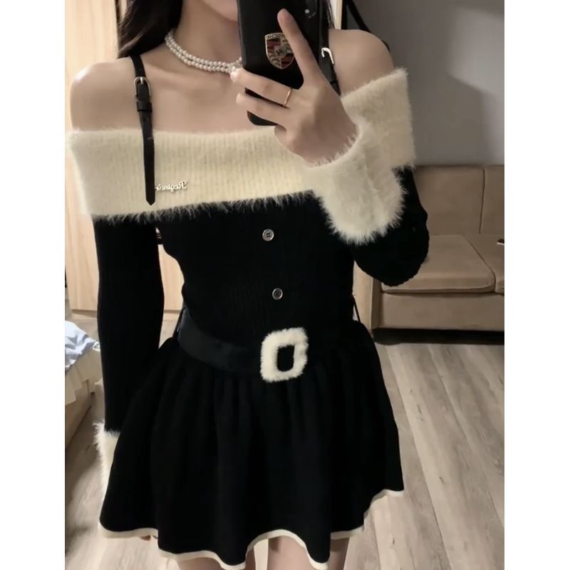 Sweet hot girl one-shoulder long-sleeved knitted dress for women 2024 spring new temperament and atmosphere suspender skirt