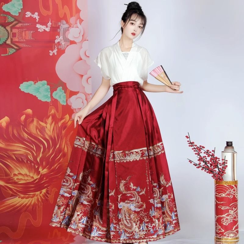  Autumn and Winter New Retro Improved Chinese Style Lace-Up Red Chinese New Year Daily Hanfu Han Element Horse Face Skirt