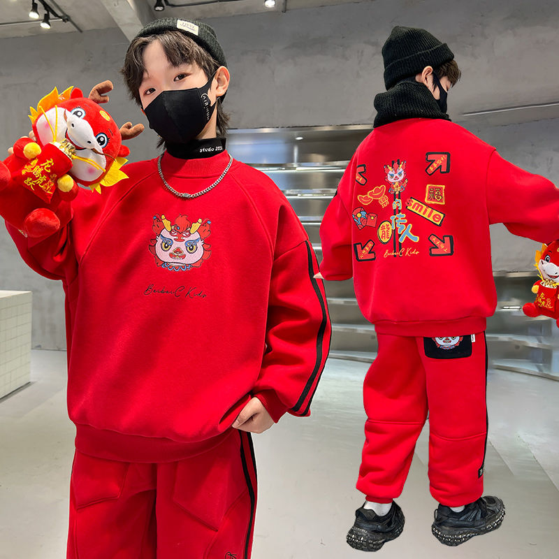 男童紅色加絨衛衣2023新款冬季大兒童拜年服男孩本命龍年衣服冬裝