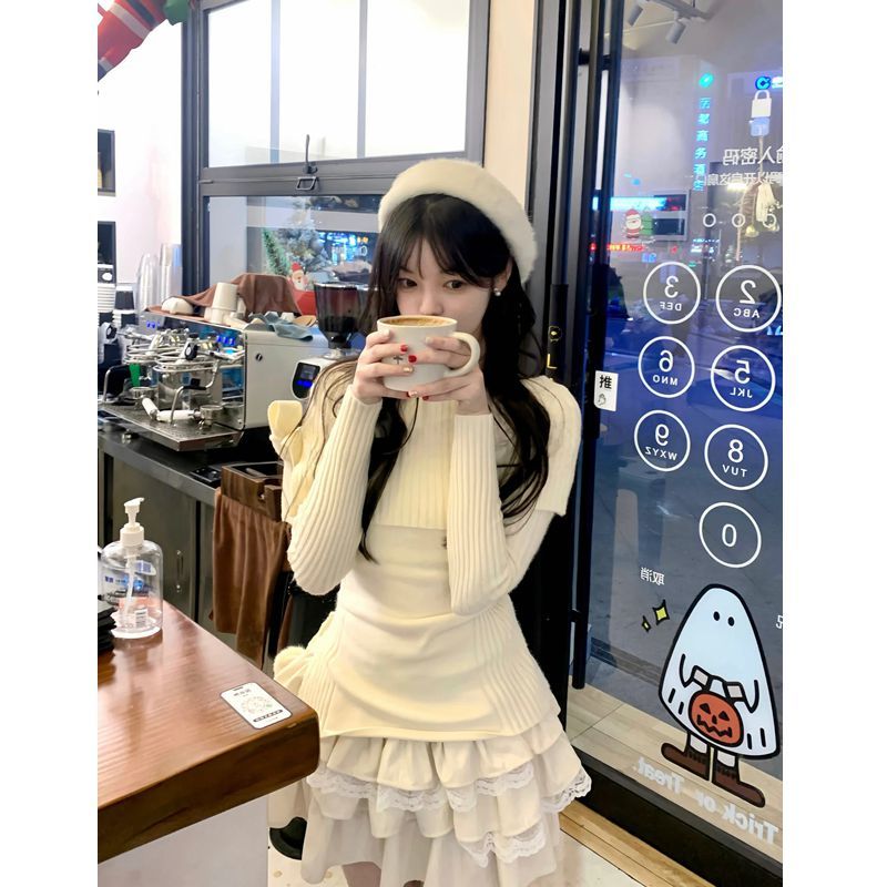 套裝女2024春季新款純欲甜美學院風一字肩修身毛衣高腰蛋糕半身裙