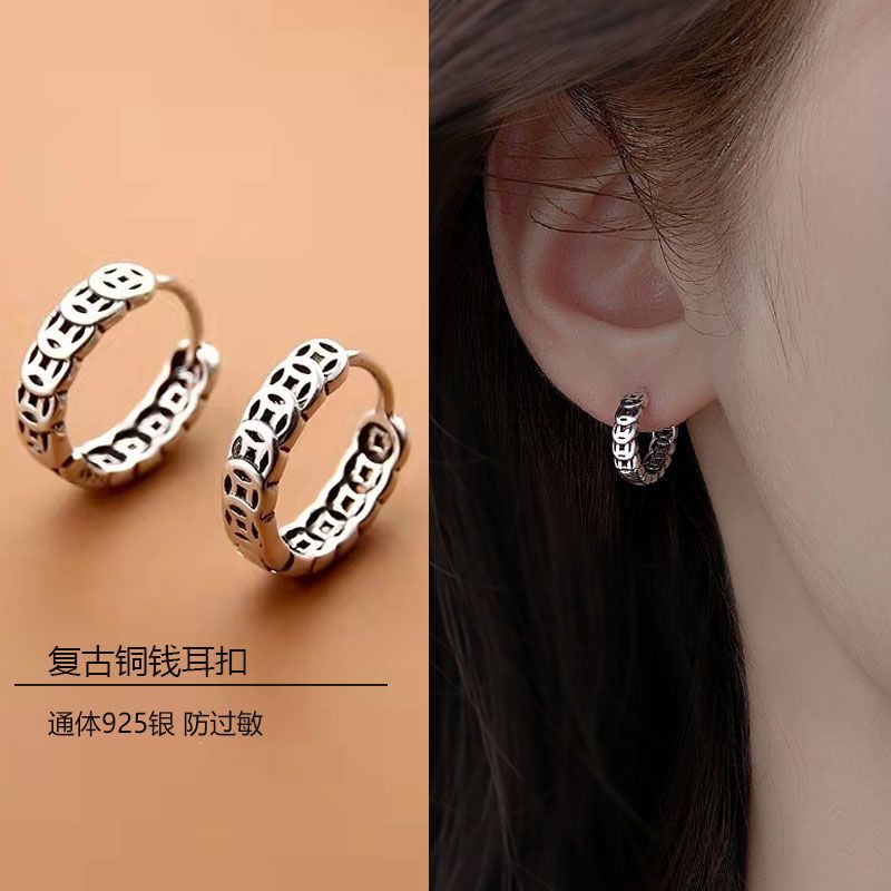 耳扣女新款純銀2023年睡覺不用摘耳環耳圈氣質高級感復古銅錢耳飾