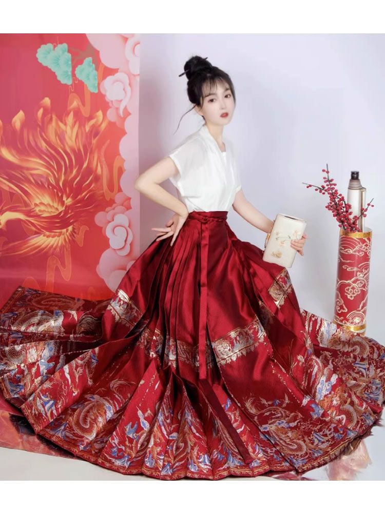  Autumn and Winter New Retro Improved Chinese Style Lace-Up Red Chinese New Year Daily Hanfu Han Element Horse Face Skirt