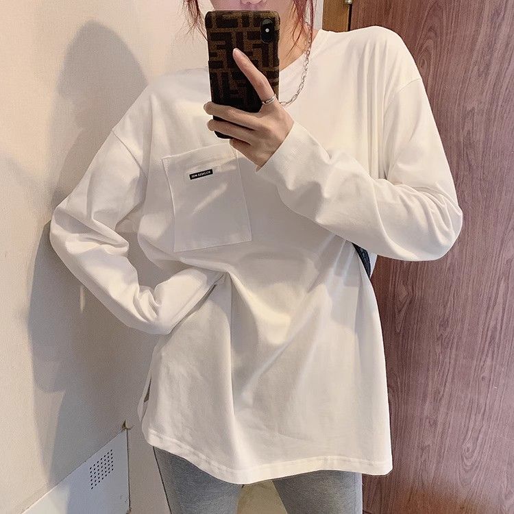 白色長袖T恤女春秋季寬鬆中長款休閒百搭圓領打底衫開叉純棉上衣