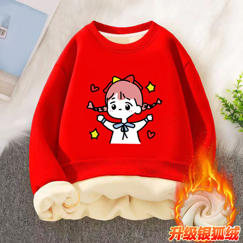 Girls sweatshirt winter new style plus velvet round collar red festive fashionable casual trendy style loose warm long sleeves
