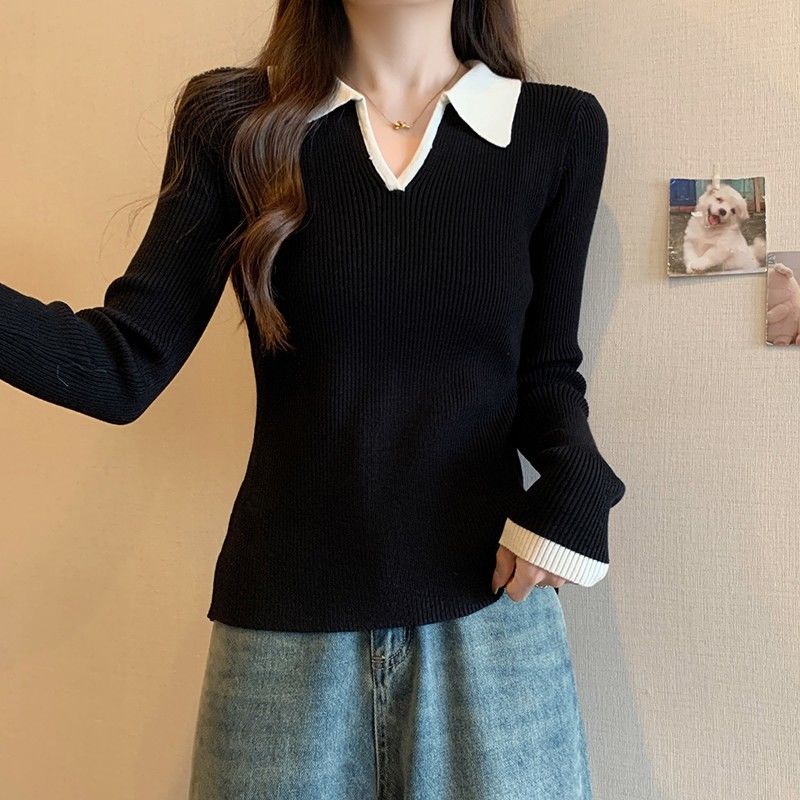 針織衫POLO長袖2024新款撞色復古打底毛衣修身秋冬內搭顯瘦上衣女
