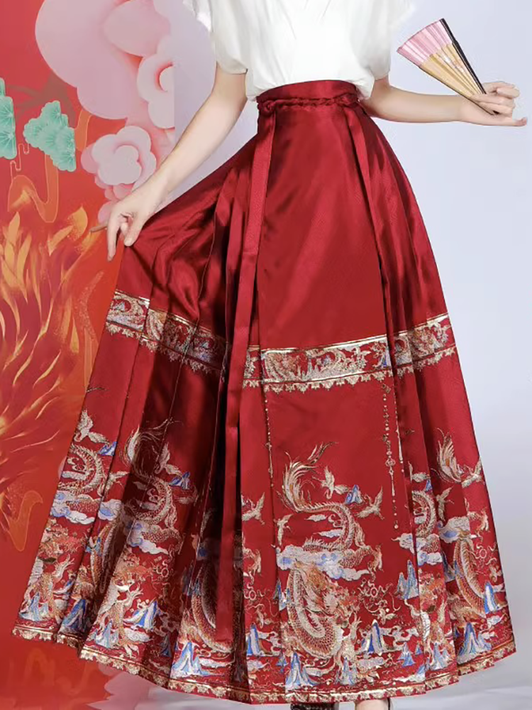  Autumn and Winter New Retro Improved Chinese Style Lace-Up Red Chinese New Year Daily Hanfu Han Element Horse Face Skirt