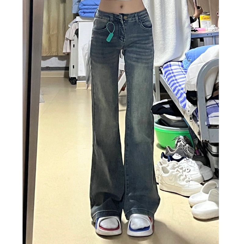 復古做舊水泥灰高腰微喇牛仔褲女