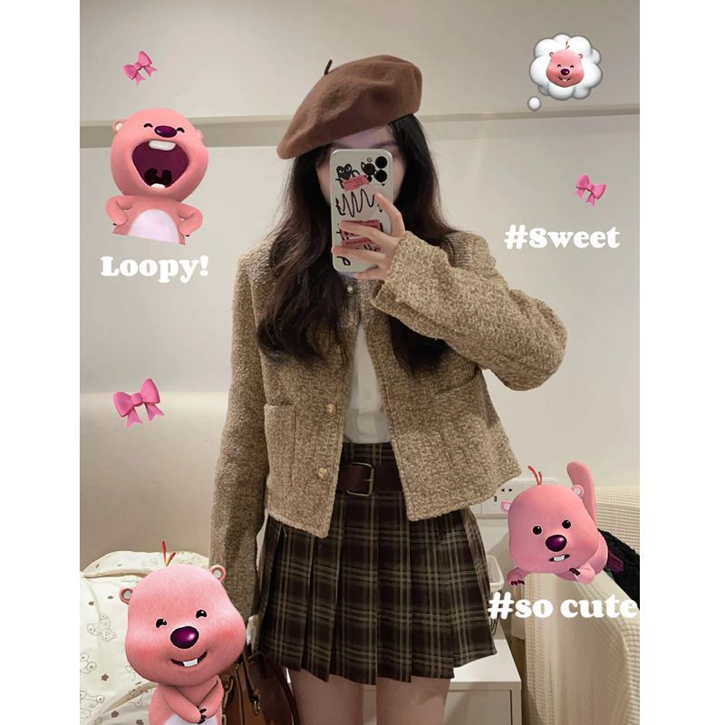 三件套女2024春季新款小香風圓領粗花呢短款外套襯衫高腰半身裙潮