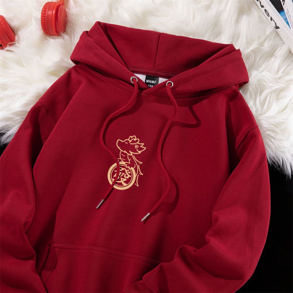 Hooded top with velvet and thickening, 2024 zodiac year of the dragon, middle-aged and older children's loose-fitting oversize sweatshirt for casual wear