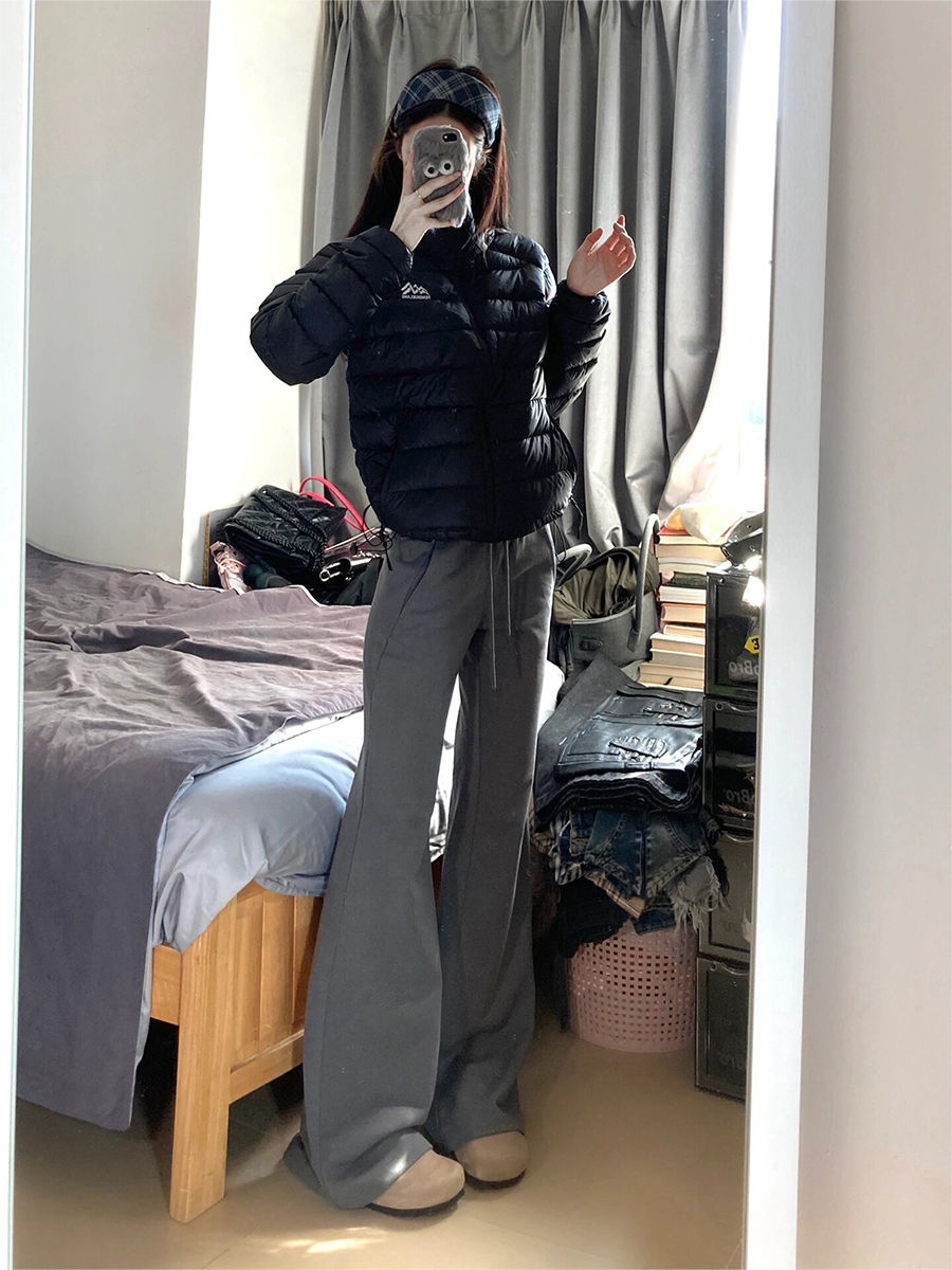 美式灰色褲子女秋冬新款高腰微喇休閒褲子瑜伽褲寬鬆顯瘦直筒長褲