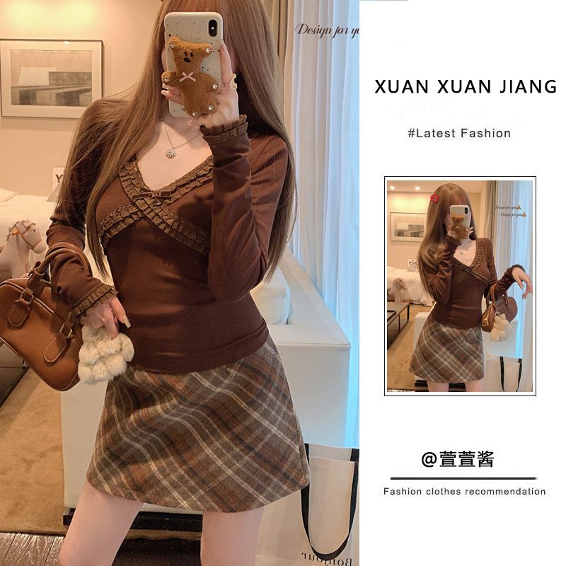 套裝女2024春季新款純欲風辣妹花邊拼接長袖上衣高腰顯瘦半身裙