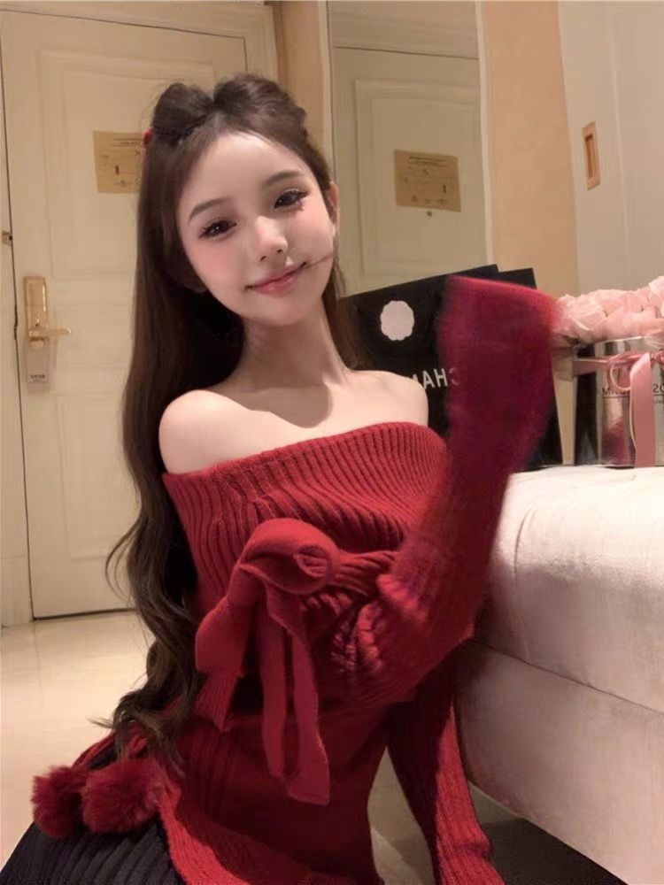 套裝女2024春季新款甜辣妹一字肩收腰修身紅色毛衣高腰百褶半身裙