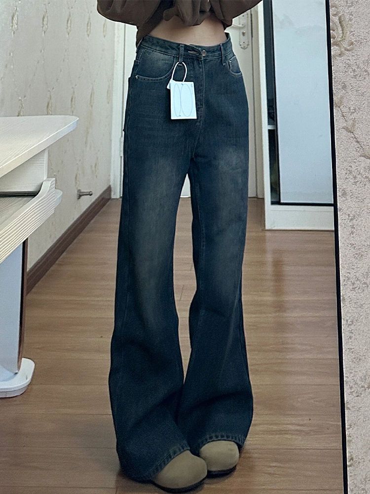 復古不貼退微喇牛仔褲女冬季新款高腰寬鬆闊腿顯瘦直筒喇叭褲子潮