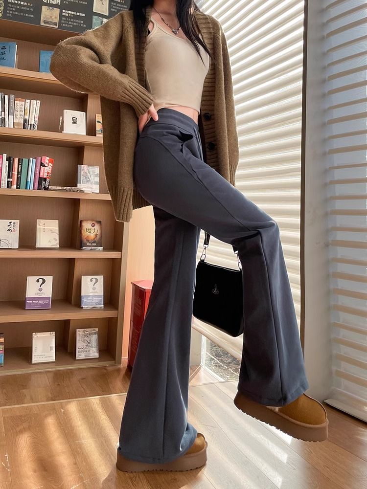 灰色美式加絨低腰垂感喇叭褲女秋冬顯瘦銀狐絨加厚瑜伽休閒運動褲