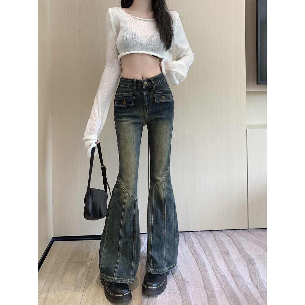 歐美街頭復古辣妹性感高腰牛仔褲女2023秋冬季新款修身顯瘦喇叭褲
