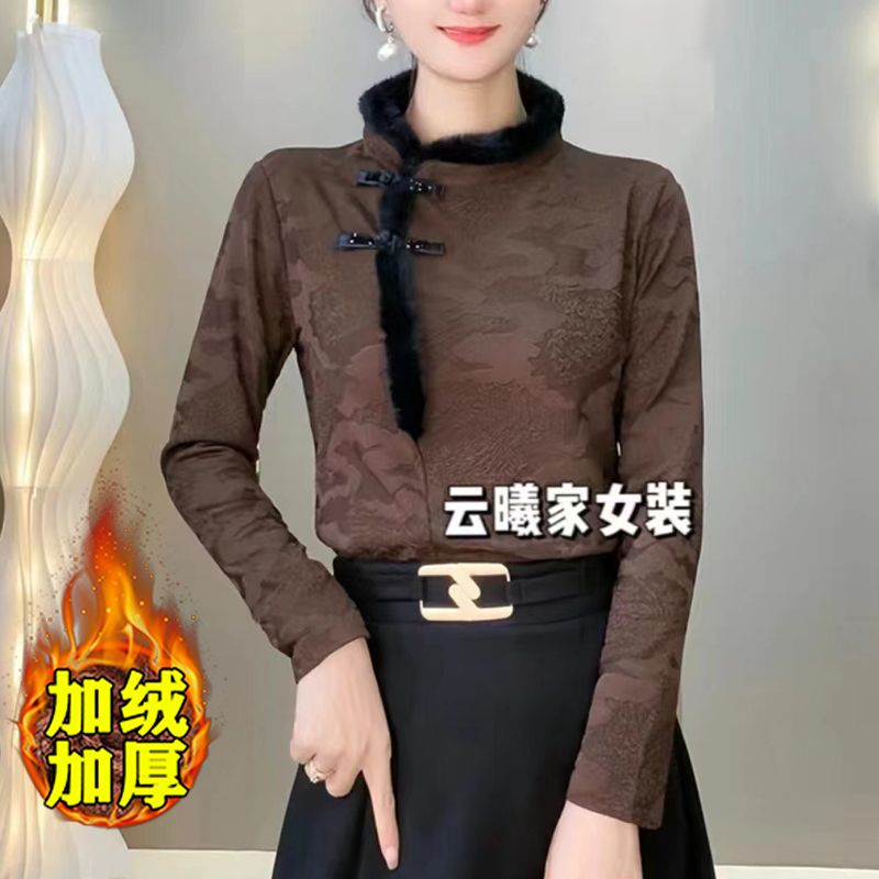 媽媽裝秋冬新款加絨保暖提花復古新中式國風打底衫百搭顯瘦上衣