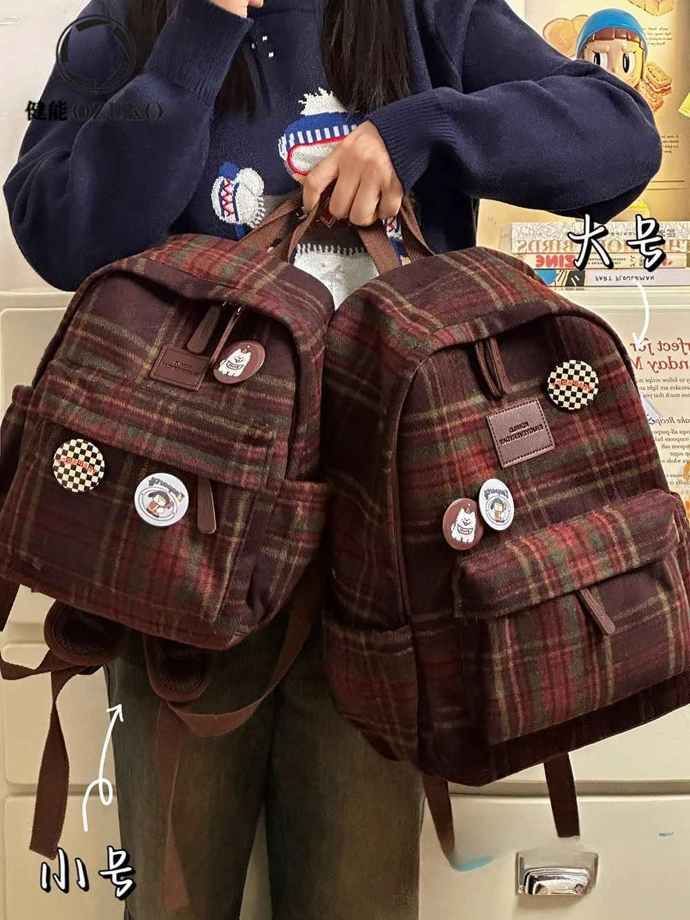 日系ins秋冬復古格子書包女 韓版初高中生雙肩包百搭小背包