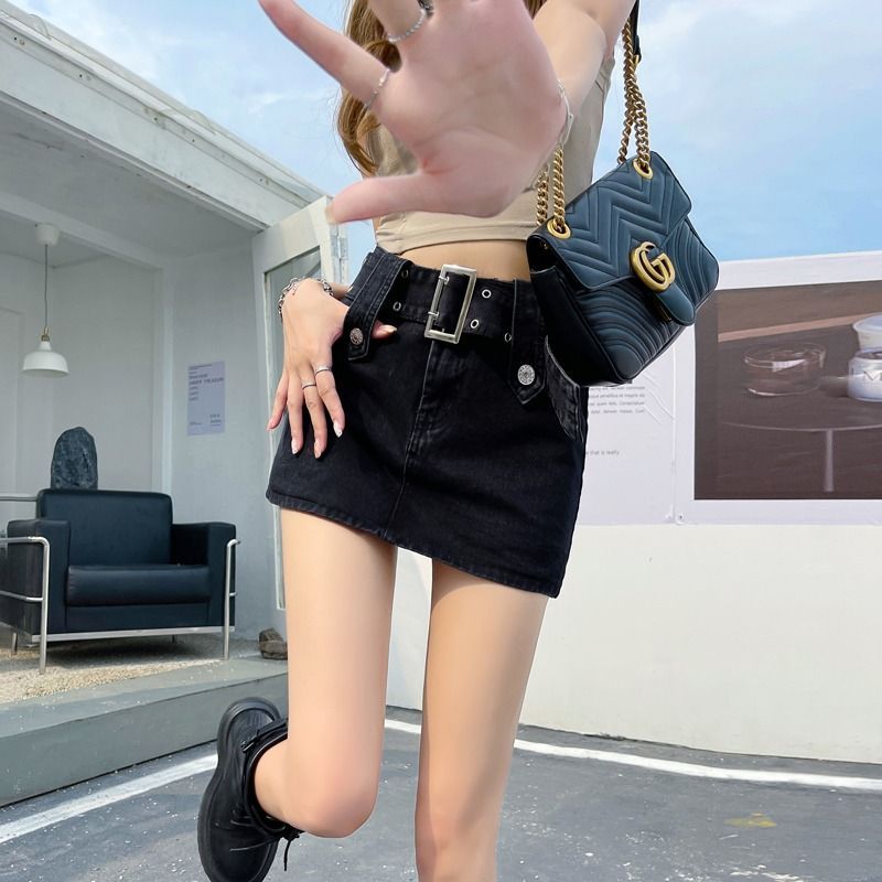 Denim skirt pants women 2024 summer new Hong Kong style retro high waist slim hot girl mini skirt hip skirt