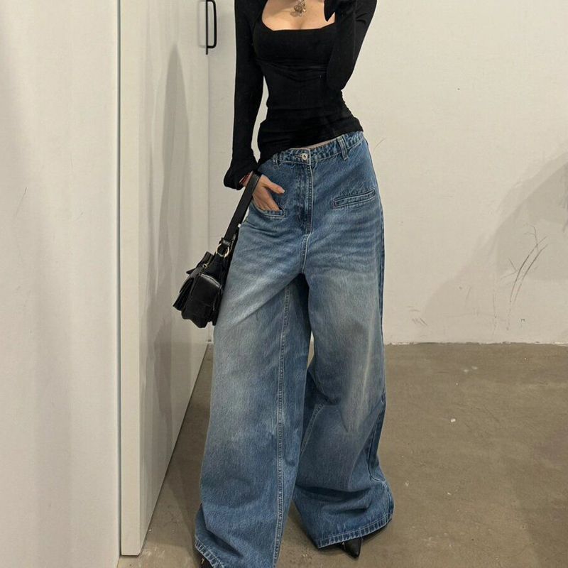 美式復古牛仔褲女小個子高腰顯瘦垂感直筒寬鬆百搭闊腿拖地長褲潮