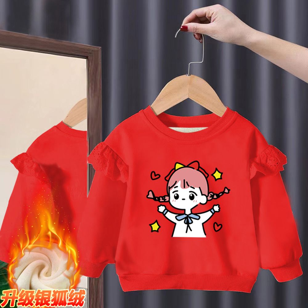 Girls' sweatshirt winter new style round neck splicing lace loose western style fashionable festive red trendy style loose long sleeves