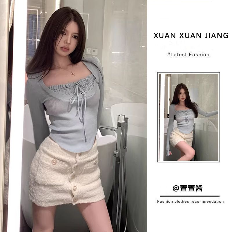 套裝女2024春季新款純欲風辣妹設計感長袖針織上衣高腰顯瘦半身裙