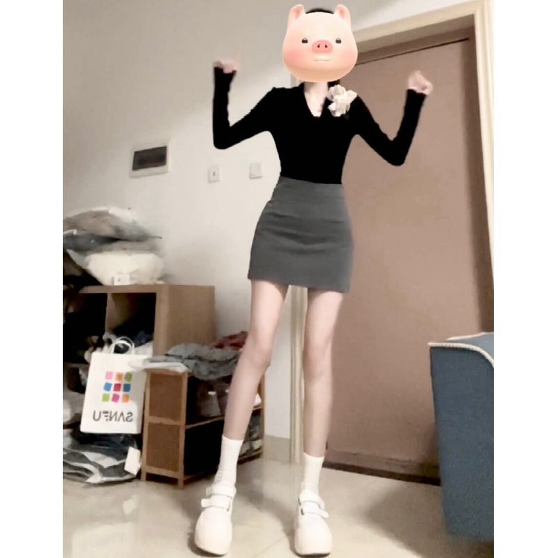 套裝女2024春季新款辣妹修身百搭長袖打底衫T恤上衣高腰包臀短裙