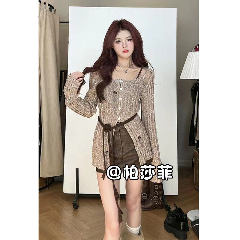 三件套 甜辣破洞毛衣收腰開叉+背心+復古皮裙短裙 廢土套裝女秋冬