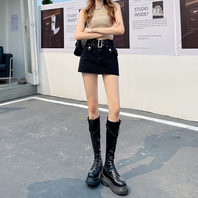 Denim skirt pants women 2024 summer new Hong Kong style retro high waist slim hot girl mini skirt hip skirt