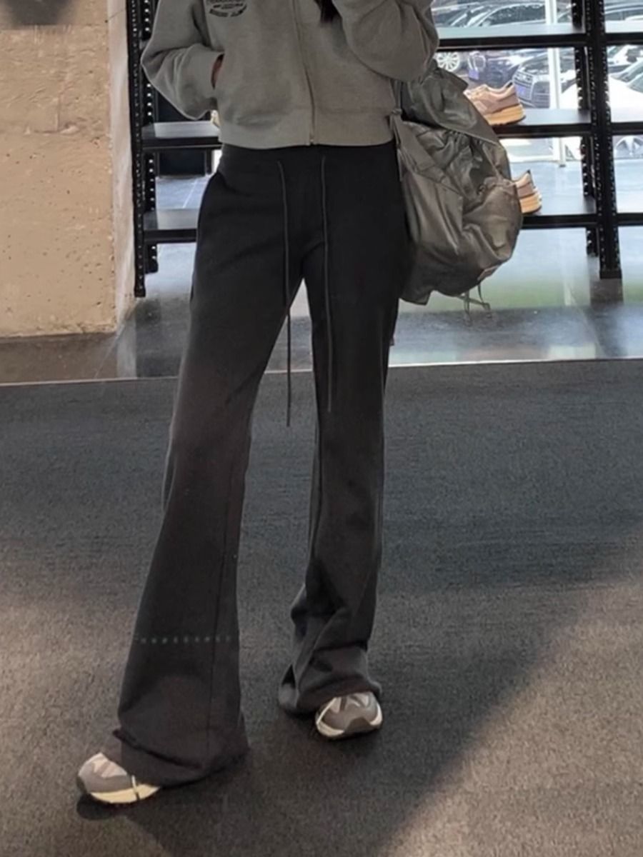 美式復古春秋季灰色微喇叭褲子女加絨中低腰拖地辣妹運動瑜伽褲子