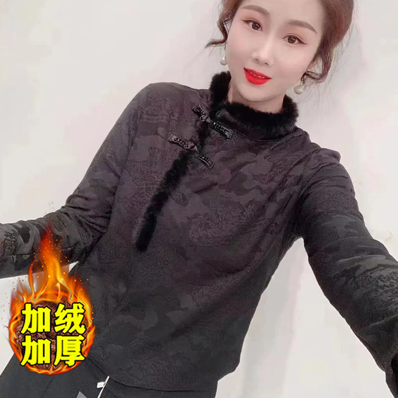 國風盤扣襯衫女秋冬加厚高檔上衣洋氣提花刺繡內搭小衫保暖打底衫