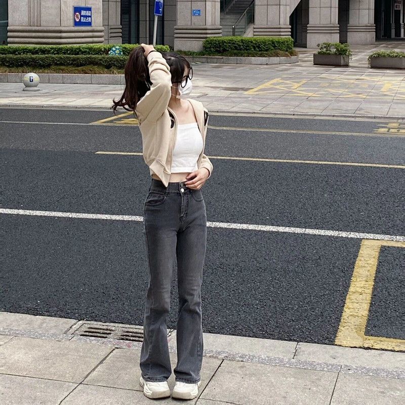 復古高腰煙灰色微喇牛仔褲女秋冬新款彈力顯瘦修身辣妹喇叭褲子潮