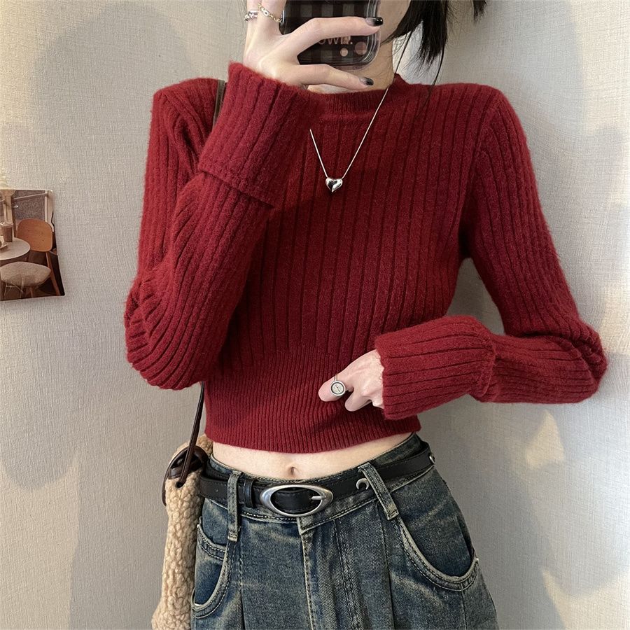 新年紅色加厚圓領內搭針織衫女春季新款高腰短款修身毛衣打底上衣
