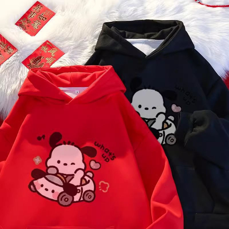 Boys and girls hooded sweatshirt Japanese autumn and winter plus velvet style oversize loose medium and large children's top cartoon print