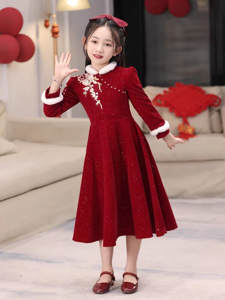 Girls' Cheongsam Dress Autumn and Winter 2024 New Style Children's Chinese Style Retro Princess Dress Girls New Year's Wear