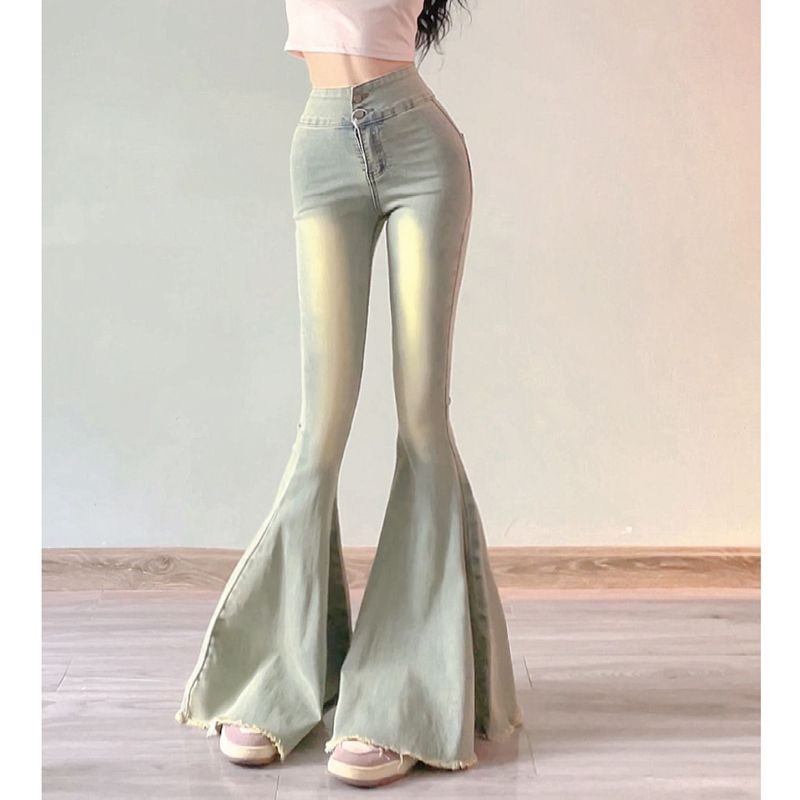 復古做舊高腰大喇叭牛仔褲女小個子彈力修身顯瘦毛邊闊腿拖地長褲