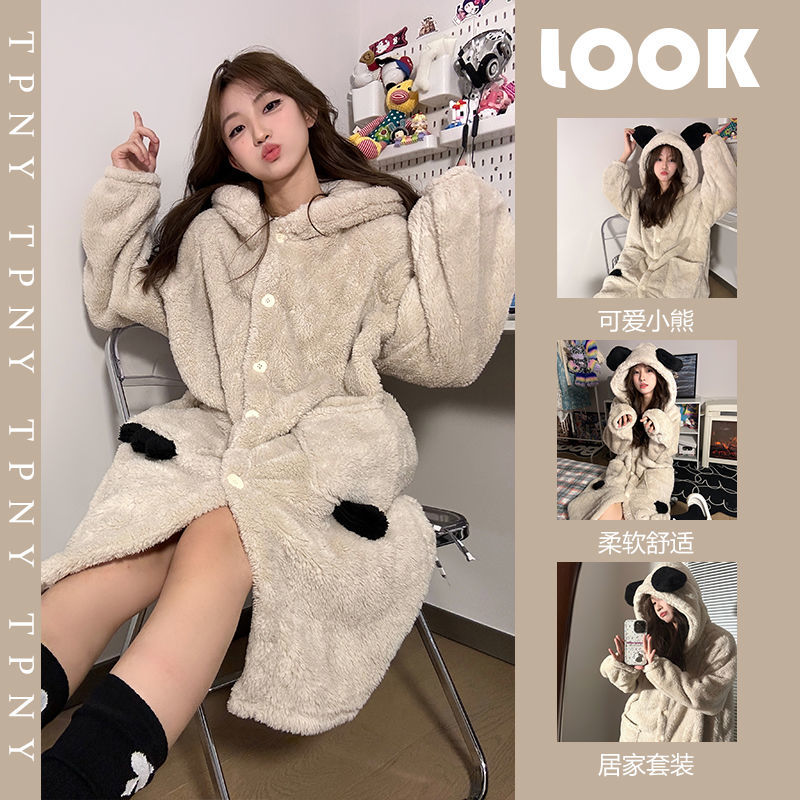 Cute bear coral velvet pajamas for women autumn and winter new style Internet celebrity style plus velvet thickened pajamas, trousers, home clothes set