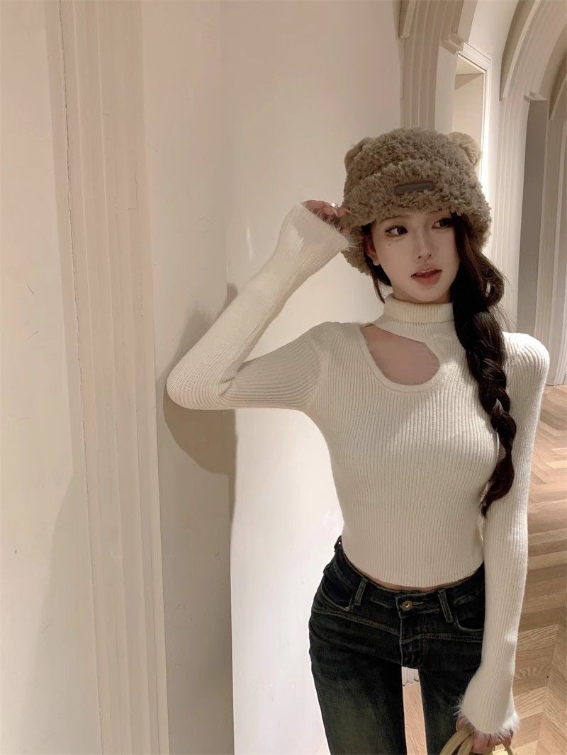 Furry hollow hot girl design autumn and winter high collar slim autumn and winter sweater short long sleeve bottoming sweater top