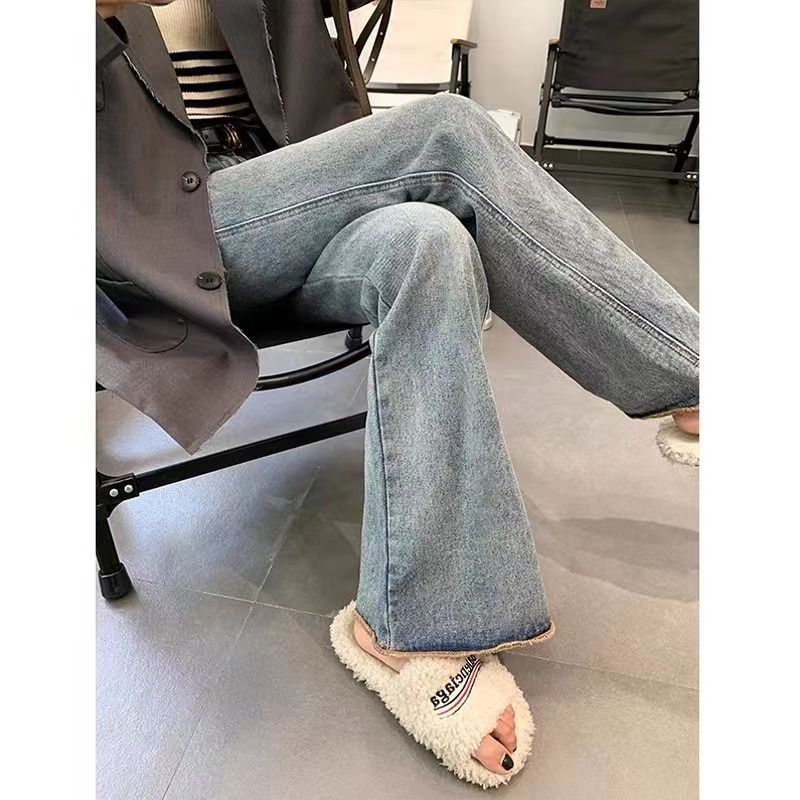 淺藍色微喇牛仔褲女春季新款復古高腰寬鬆顯瘦直筒垂感拖地長褲潮