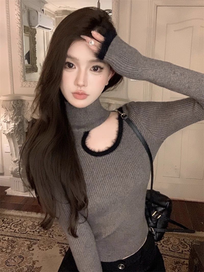 Gray hollow furry turtleneck sweater for women in spring and autumn, waist-cinching inner sweater, long-sleeved temperament bottoming shirt top