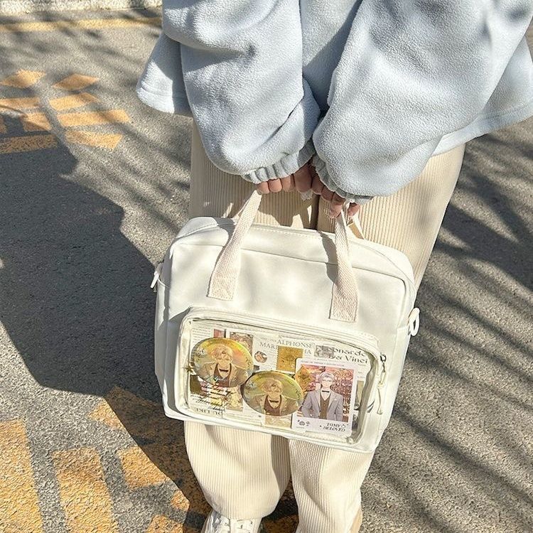 [After class] Everyday versatile transparent pain bag portable one-shoulder cross-body canvas large capacity campus can be worn on both shoulders