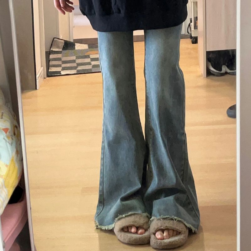 毛邊微喇牛仔褲女小個子復古做舊高腰彈力褲子修身喇叭拖地長褲潮