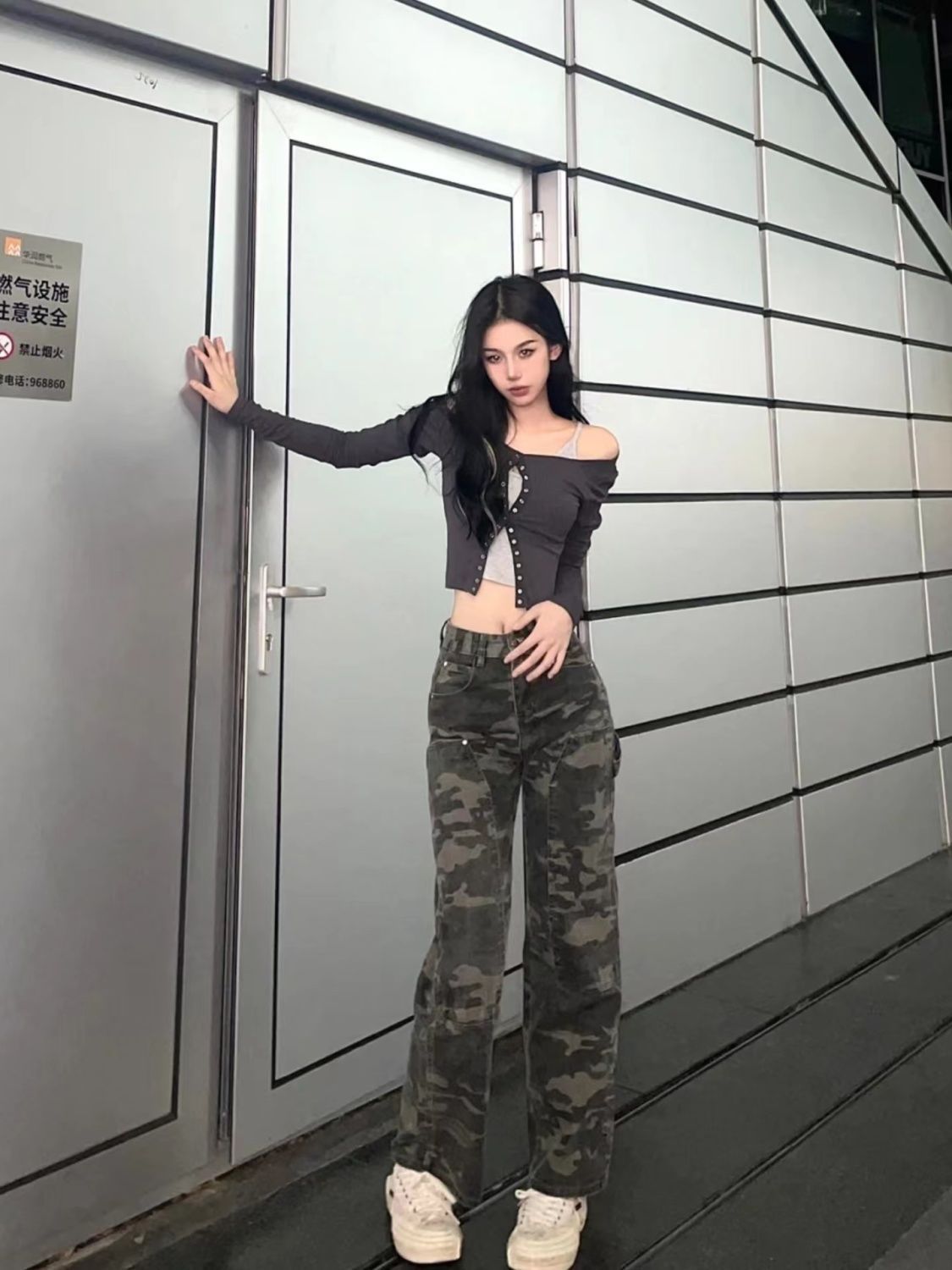 迷彩工裝牛仔褲女復古高腰寬鬆顯瘦修身直筒褲潮流百搭時尚長褲潮