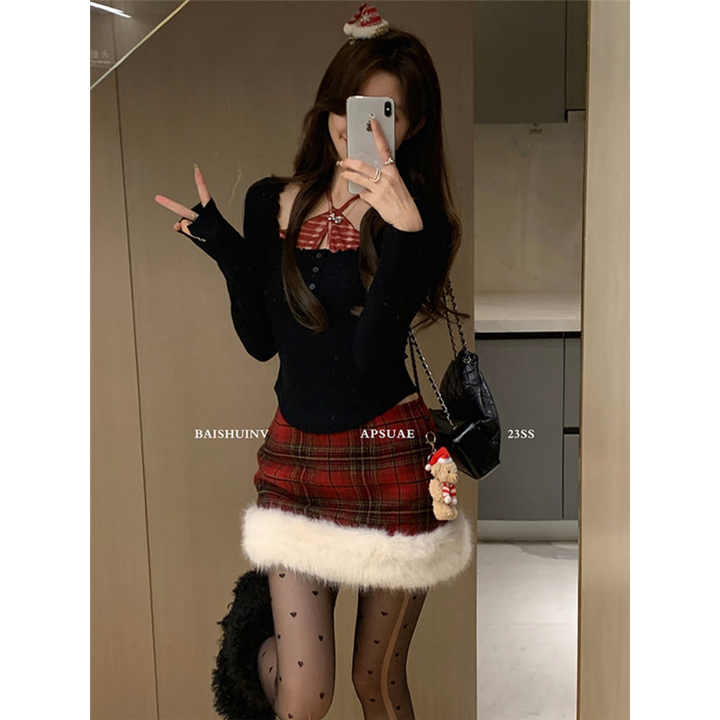 白水女【聖誕look~小熊布朗尼】格紋半裙女秋冬款加絨加厚a字短裙