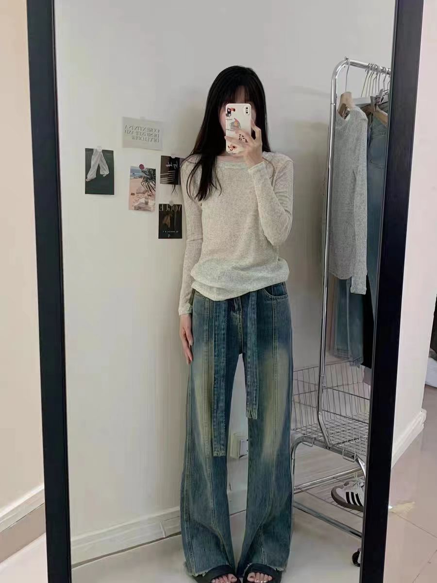 美式復古高腰牛仔褲女寬鬆顯瘦修身長褲設計感毛邊直筒拖地褲子潮