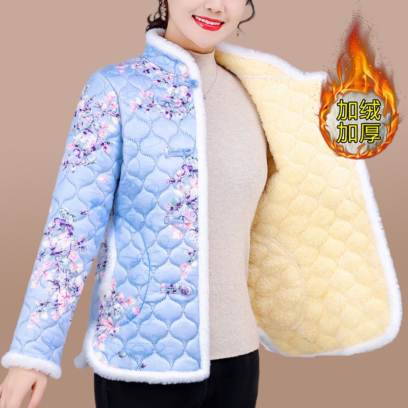 Ethnic style retro winter new style plus velvet and thickened oblique placket festive middle-aged and elderly fashion floral warm cotton coat